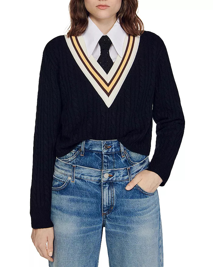 Contrast Stripe Cable Knit Sweater | Bloomingdale's (US)