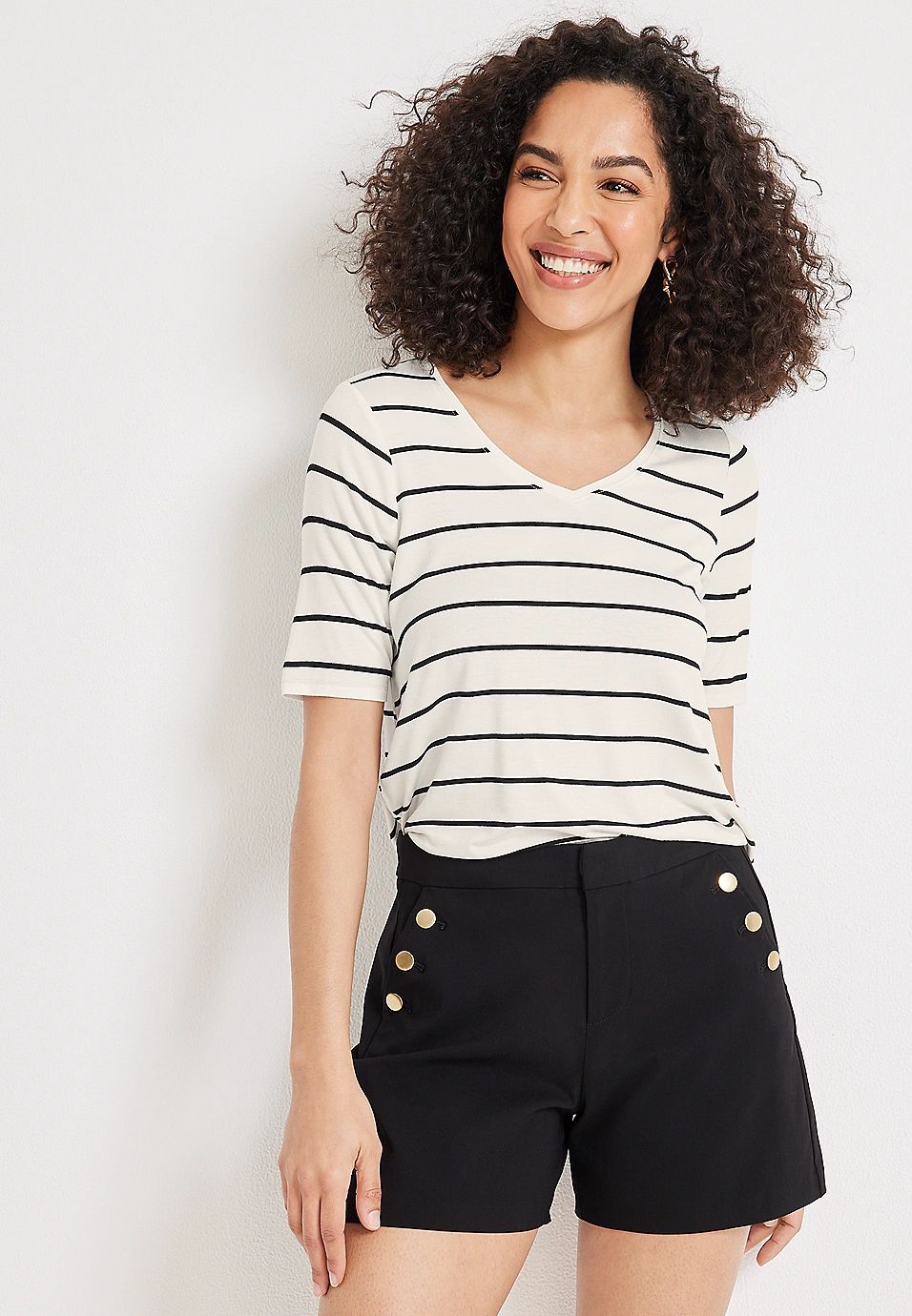 24/7 White Striped V Neck Tunic Tee | Maurices