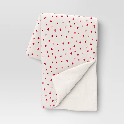 Valentine's Day Tossed Hearts Plush with Faux Shearling Reverse Throw Blanket Ivory - Threshold... | Target