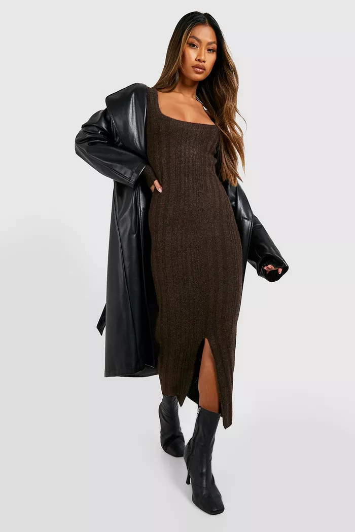 Square Neck Mixed Rib Knitted Midaxi Dress | Boohoo.com (UK & IE)