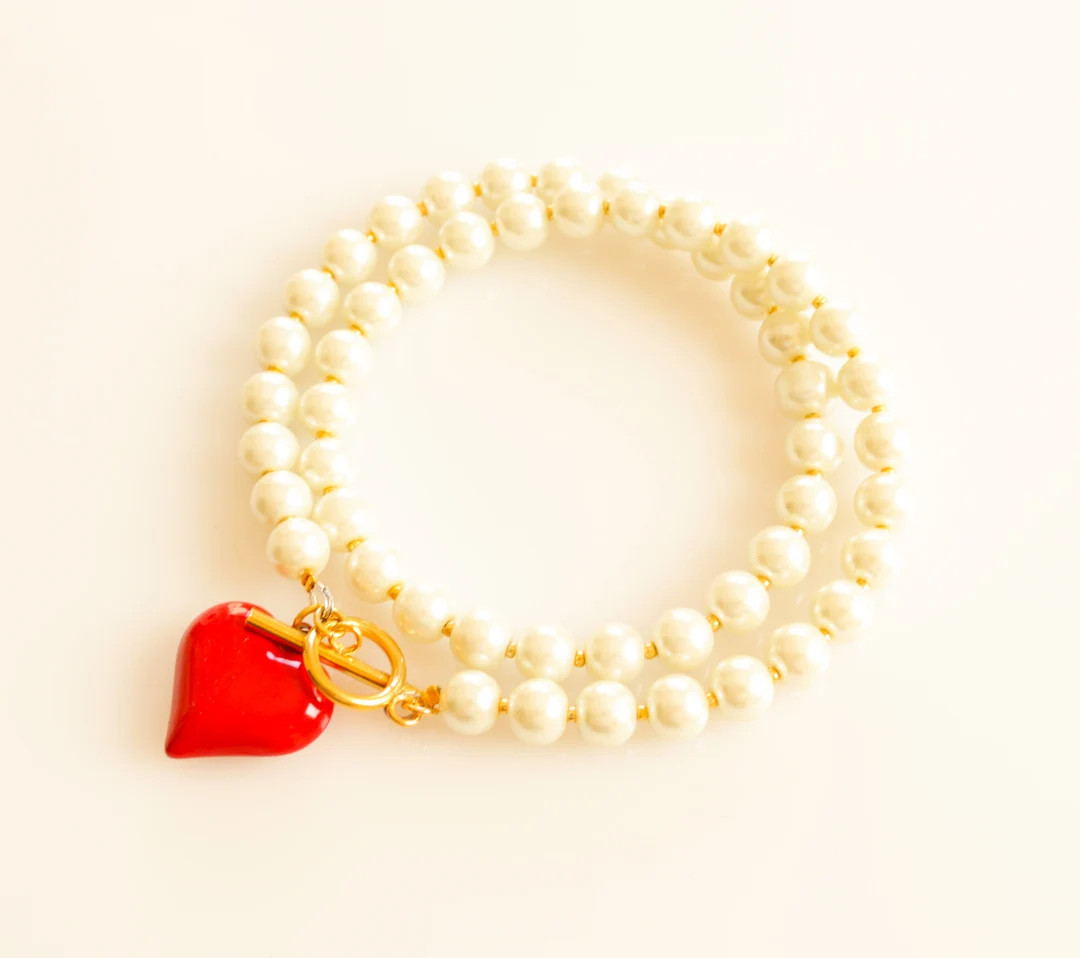 Elegant Pearl Choker, Red Heart Necklace, Elegant Dainty Pearl Choker, Red Heart Pendant Necklace... | Etsy (US)