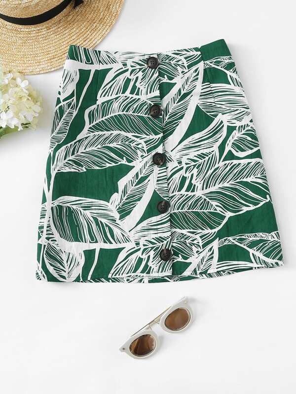 Leaves Print Button Front Skirt | SHEIN