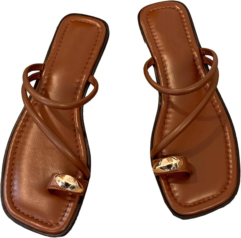 Women'S Leather Strappy Flat Metal Toe Ring Sandals Fashionable Square Open Toe Slip-On Summer Ca... | Amazon (US)