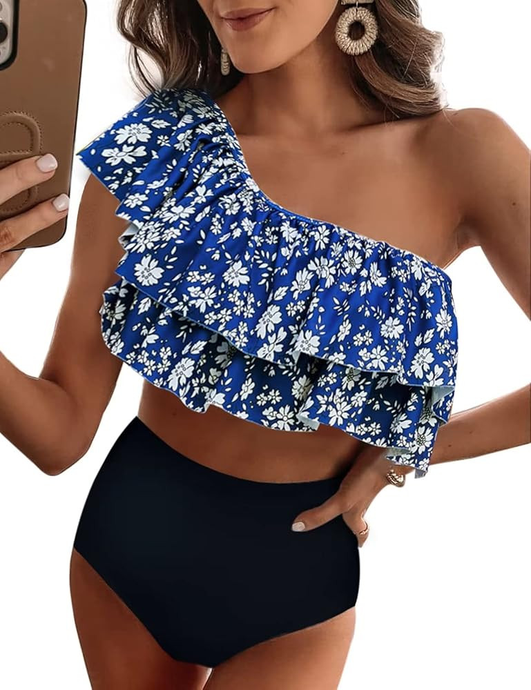 VIMPUNEC Ruffle One Shoulder Swimsuits for Women Cute High Waisted Two Piece Bathing Suits | Amazon (US)