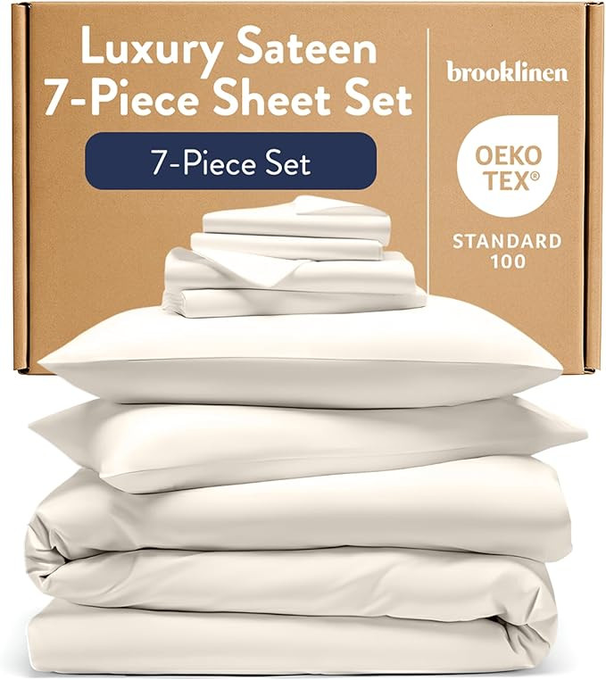 Brooklinen Luxury Sateen Sheet Set - 7 Piece 100% Cotton Bed Sheets - 1 Fitted & 1 Flat Sheet, 4 ... | Amazon (US)