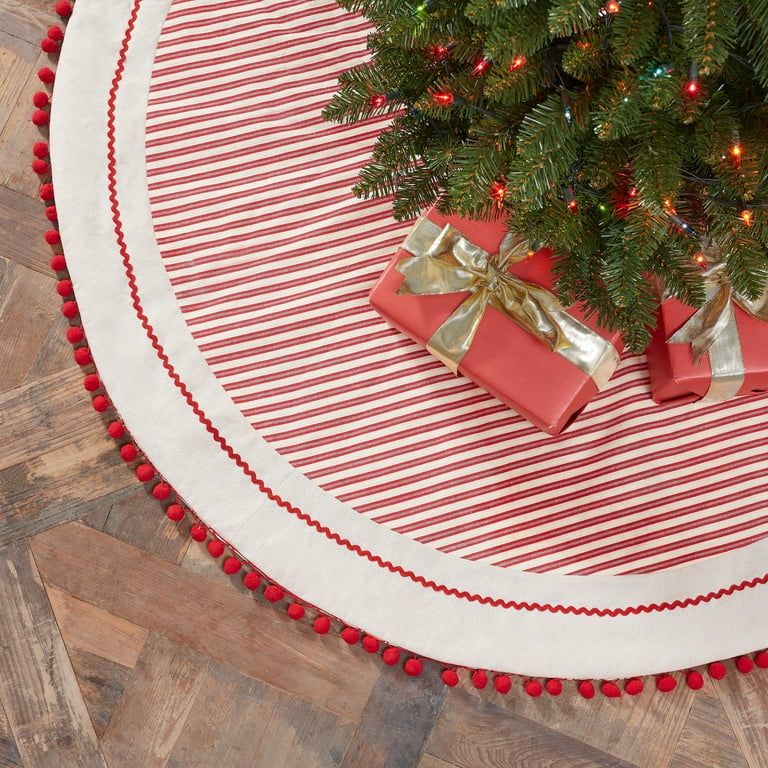Holiday Time Classic Stripe Christmas Tree Skirt with Pom Pom Trim, 48" D - Walmart.com | Walmart (US)