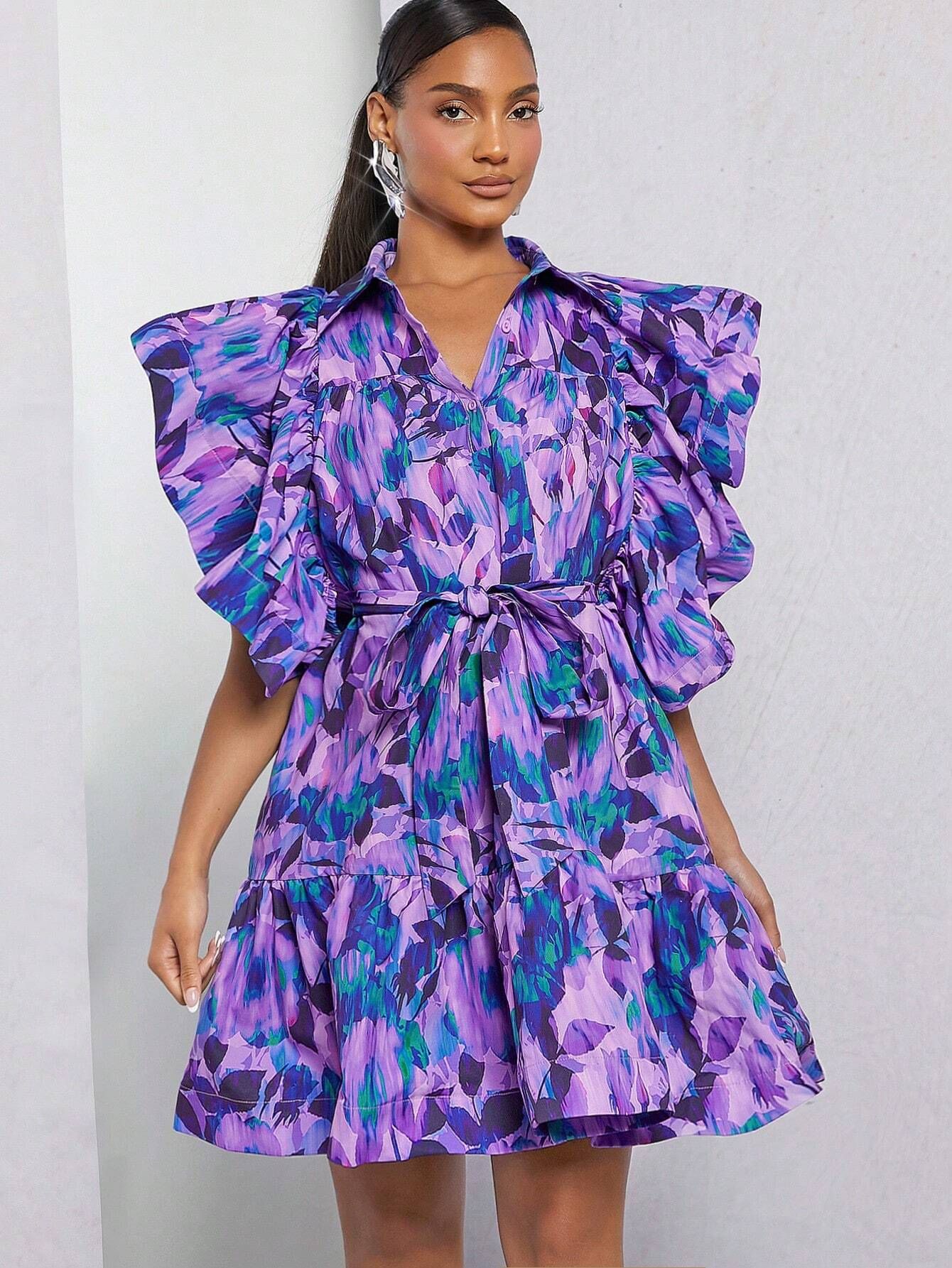 Katalyst Kouture Allover Print Ruffle Trim Belted Shirt Dress | SHEIN