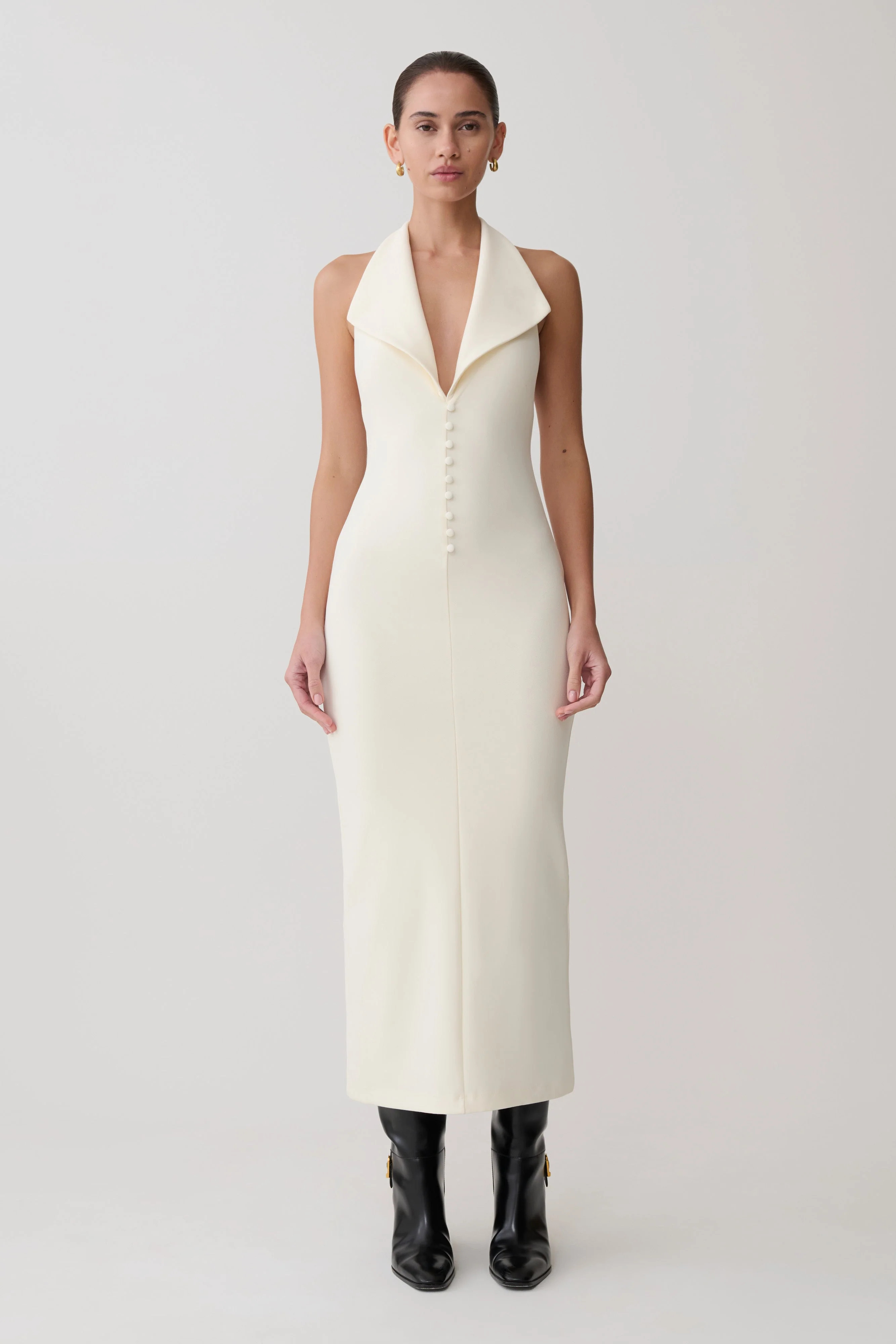 Annita Crepe Halter Midi Dress - Ivory | Meshki UK