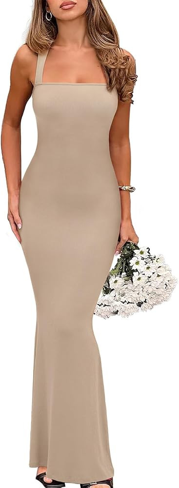 REORIA Sexy Square Neck Sleeveless Elegant Ribbded Long Maxi Dress Wedding Guest Dresses for Wome... | Amazon (US)