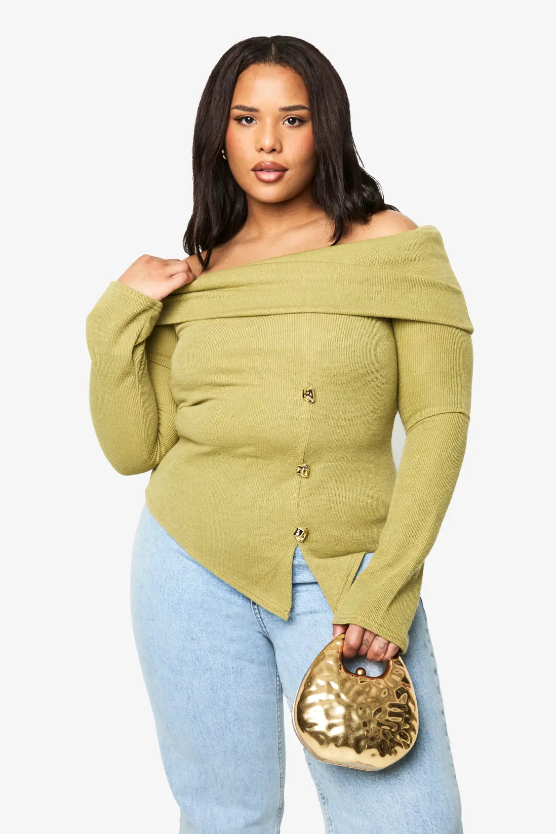 Olive Plus Knitted Bardot Gold Trim Split Hem Top | Boohoo USA | boohoo (US & Canada)