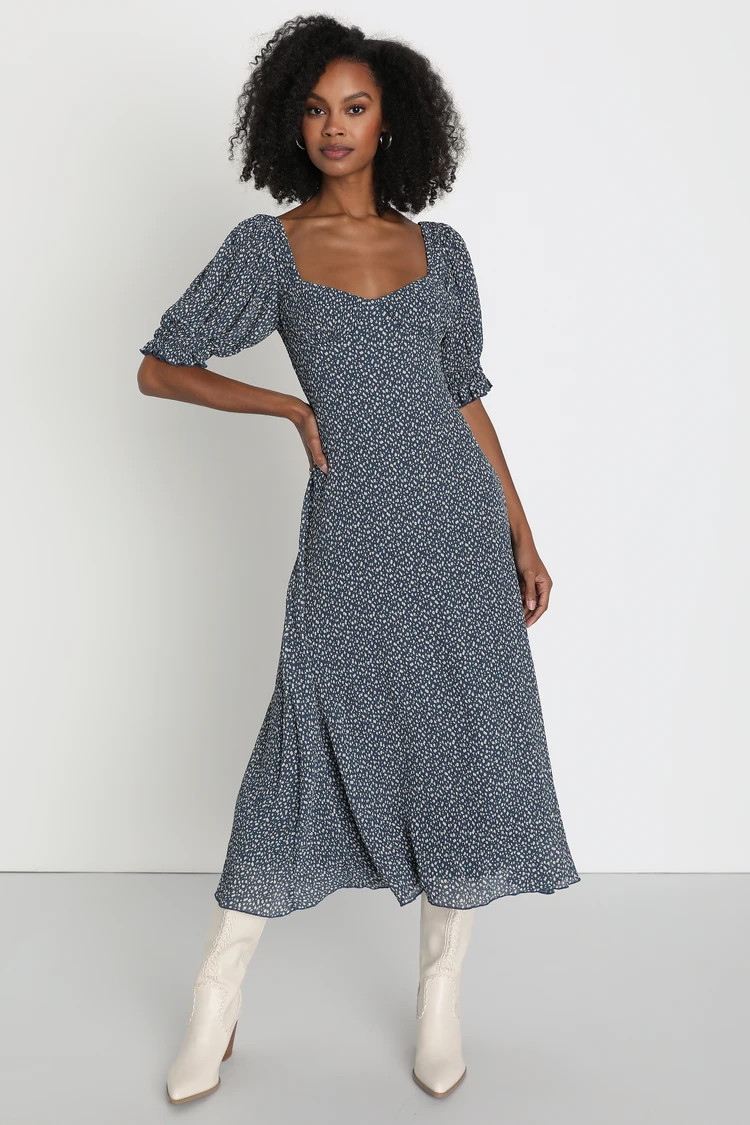 Perfect Aura Blue Floral Print Plisse Tie-Back Midi Dress | Lulus