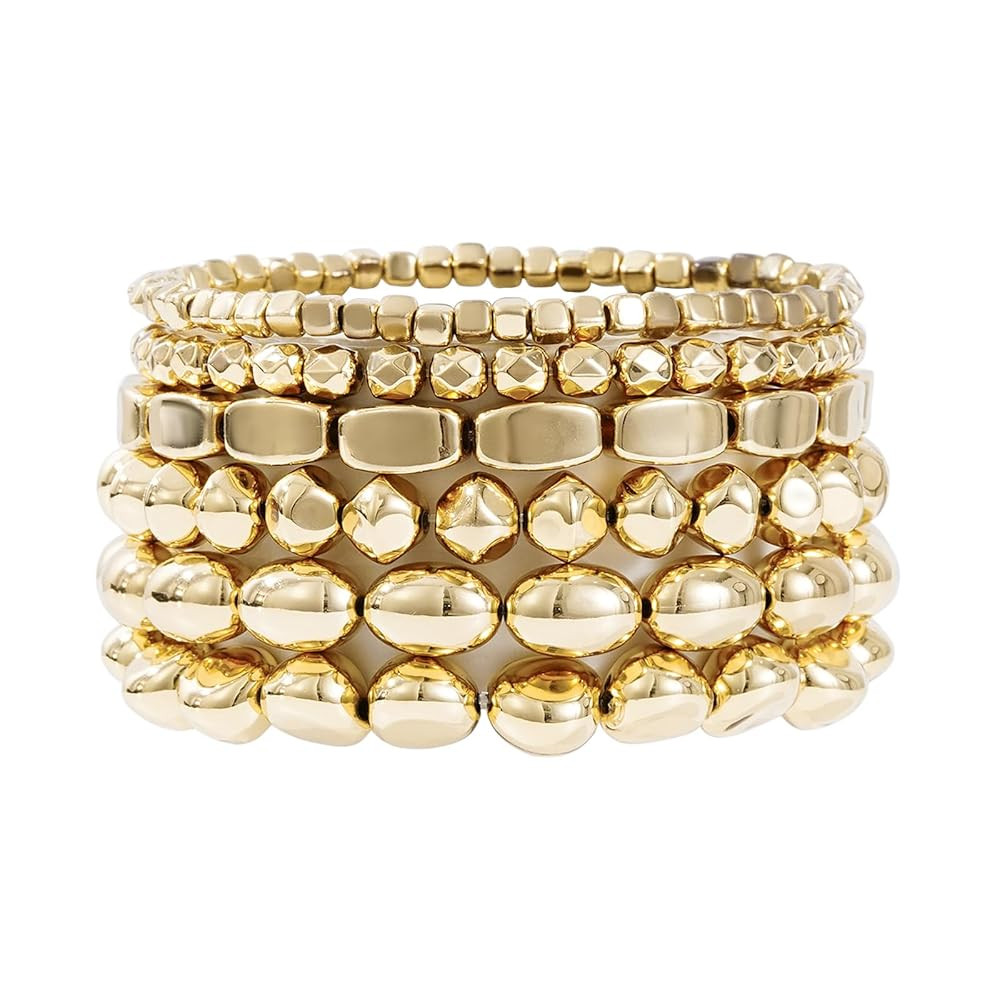 Gold Beaded Bracelets for Women Trendy, 14K Gold Plated Stack Cross Pearl Gold Bead Stretch Brace... | Amazon (US)
