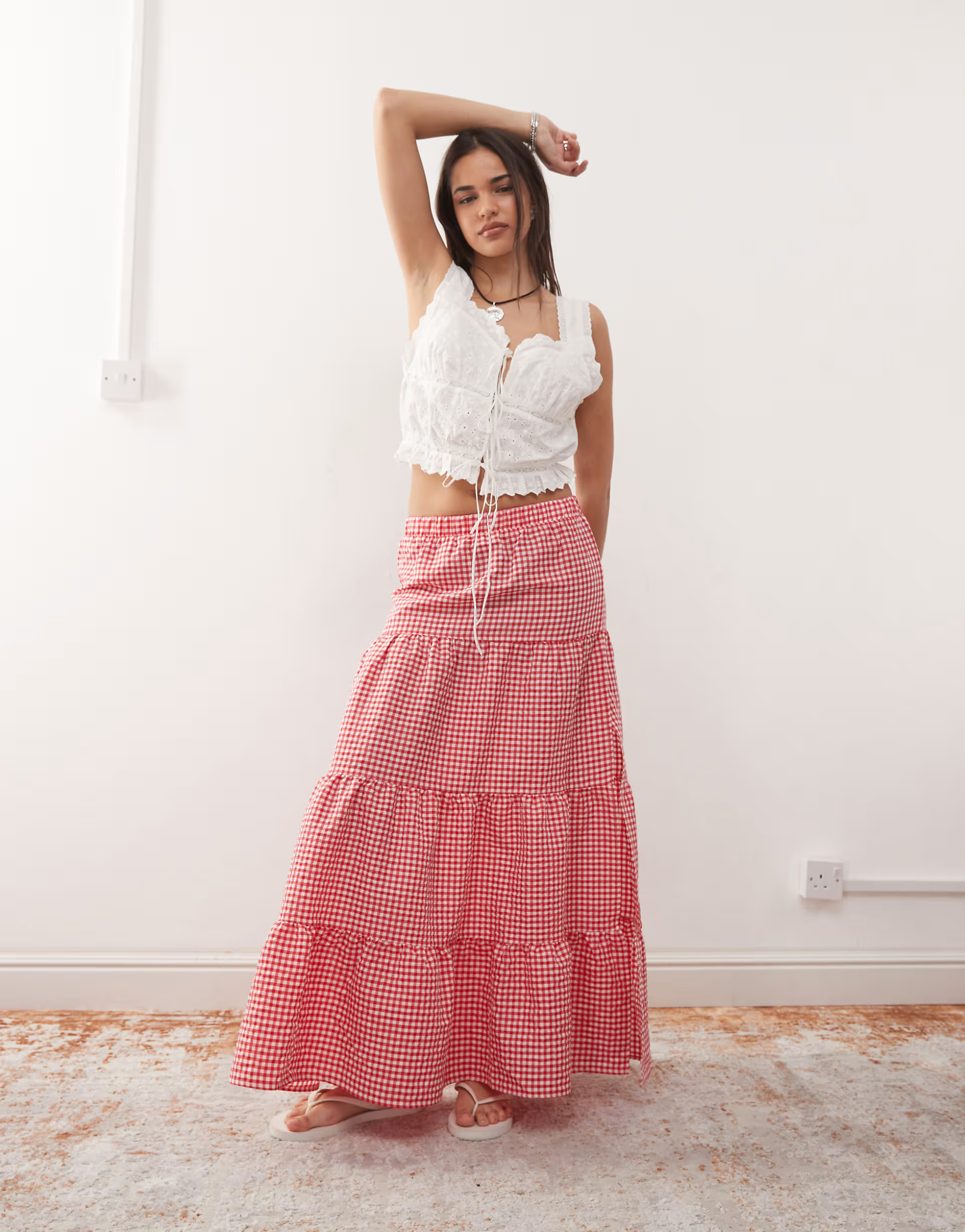 Noisy May tiered maxi skirt in red gingham | ASOS | ASOS (Global)