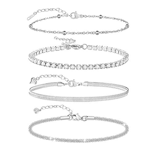 JYUEDA Layered Tennis Silver Anklet for Women,Beaded Snake Chain Link Anklets Set Ankle Bracelets for Women Waterproof Beach Summer Jewelry Gift | Amazon (US)