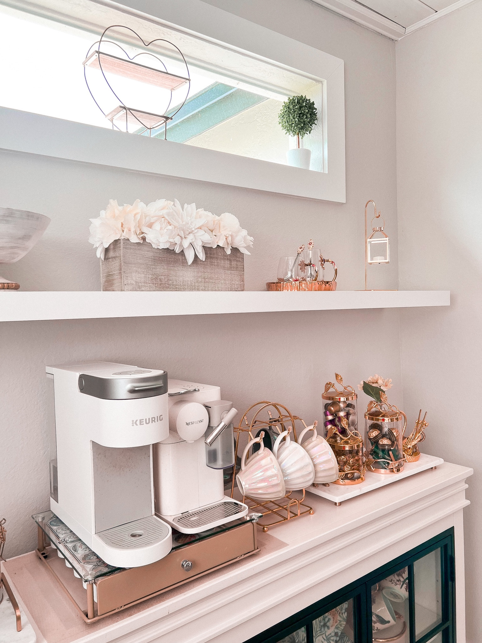 Coffee bar inspo! Neutral kitchen and home decor, featuring white keurig and nespresso machine, gold coffee bar accents, coffee pod drawer, glass mugs, canister and more! 

#LTKfamily #LTKhome #LTKFind
