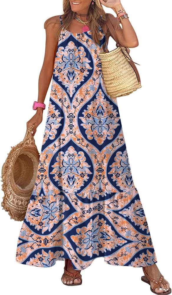 Dokotoo Women Summer Dresses Scoop Neck Ruffle Flowy Boho Maxi Dress | Amazon (US)