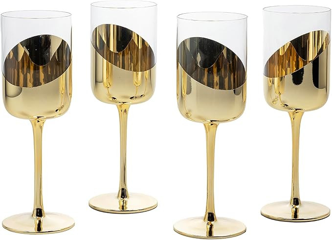 MyGift 14 oz Wine Glasses Modern Brass Tone Plated Round Stemmed Glass Goblets, Cylindrical Drink... | Amazon (US)