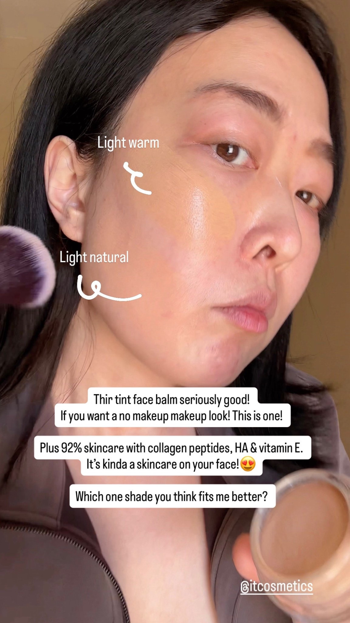 Trying new makeup this week 👀
@itcosmetics NEW Do It All Sheer Tint Face Balm. 

It packed with 92% skincare with collagen peptides, HA & vitamin E. 

The texture melts into your skin like a serum, so lightweight and breathable. You can build it up for more coverage, but it still feels like your skin… but better. ✨

It covers my redness pretty well, like I’m not wearing anything. It’s like no makeup, makeup look, for sure! 

#itcosmetics #skintint #makeup #easymakeup #newmakeup

#LTKgrwm #LTKselfcare #LTKBeauty