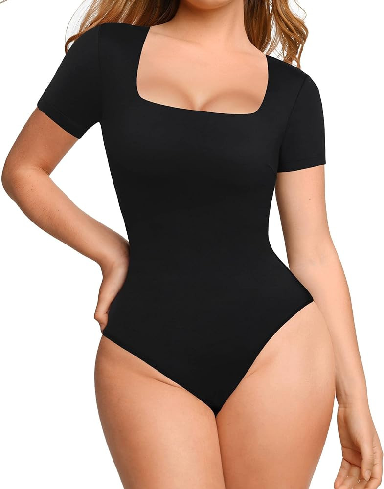 Popilush Square Neck Bodysuit for Women Long Sleeve Thong Shapewear Built In Bra Basic Jumpsuit C... | Amazon (US)