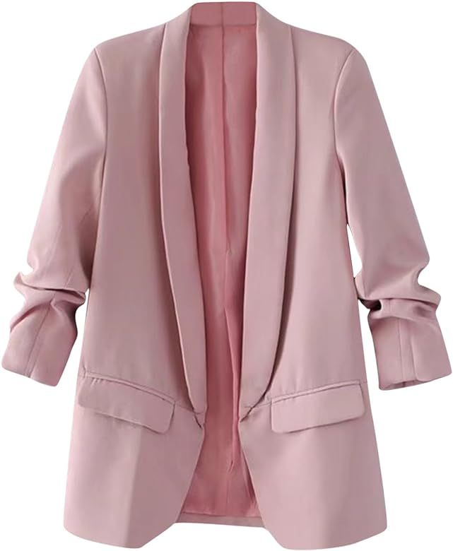 Women's Shawl Collar 3/4 Ruched Sleeve Open Front Blazer Jacket | Amazon (US)