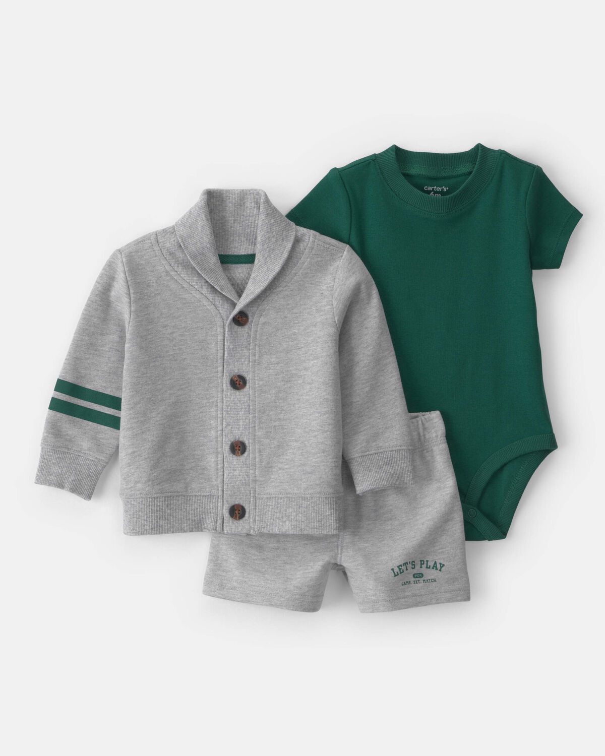Baby Boy 3-Piece Varsity Cardigan, Bodysuit & Short Set - Green/Grey | Carter's Inc