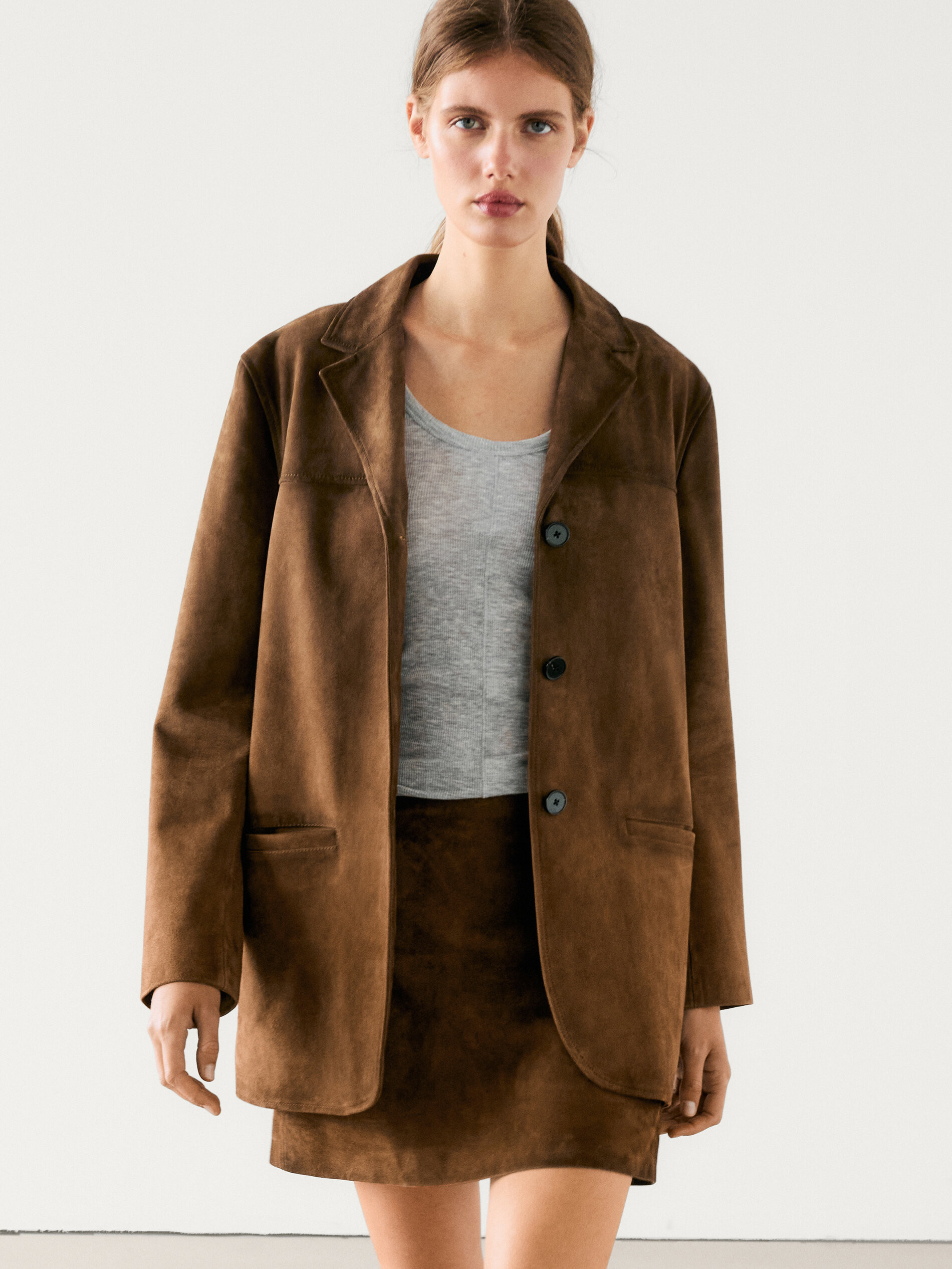 Suede leather blazer co-ord | Massimo Dutti UK