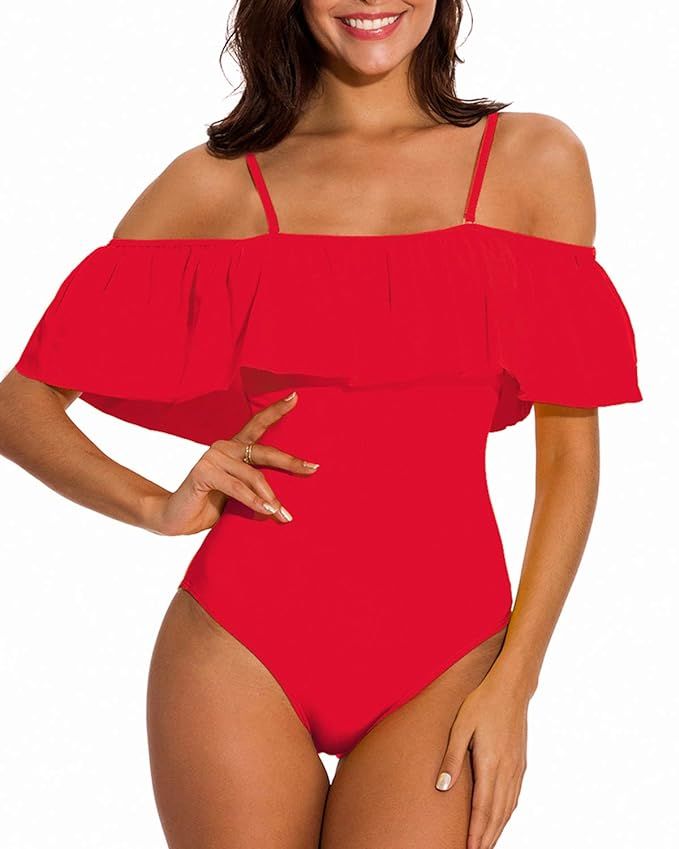 Coskaka Womens One Piece Swimsuits Off Shoulder Flounce Ruffled with Removable Straps Padded Swim... | Amazon (US)