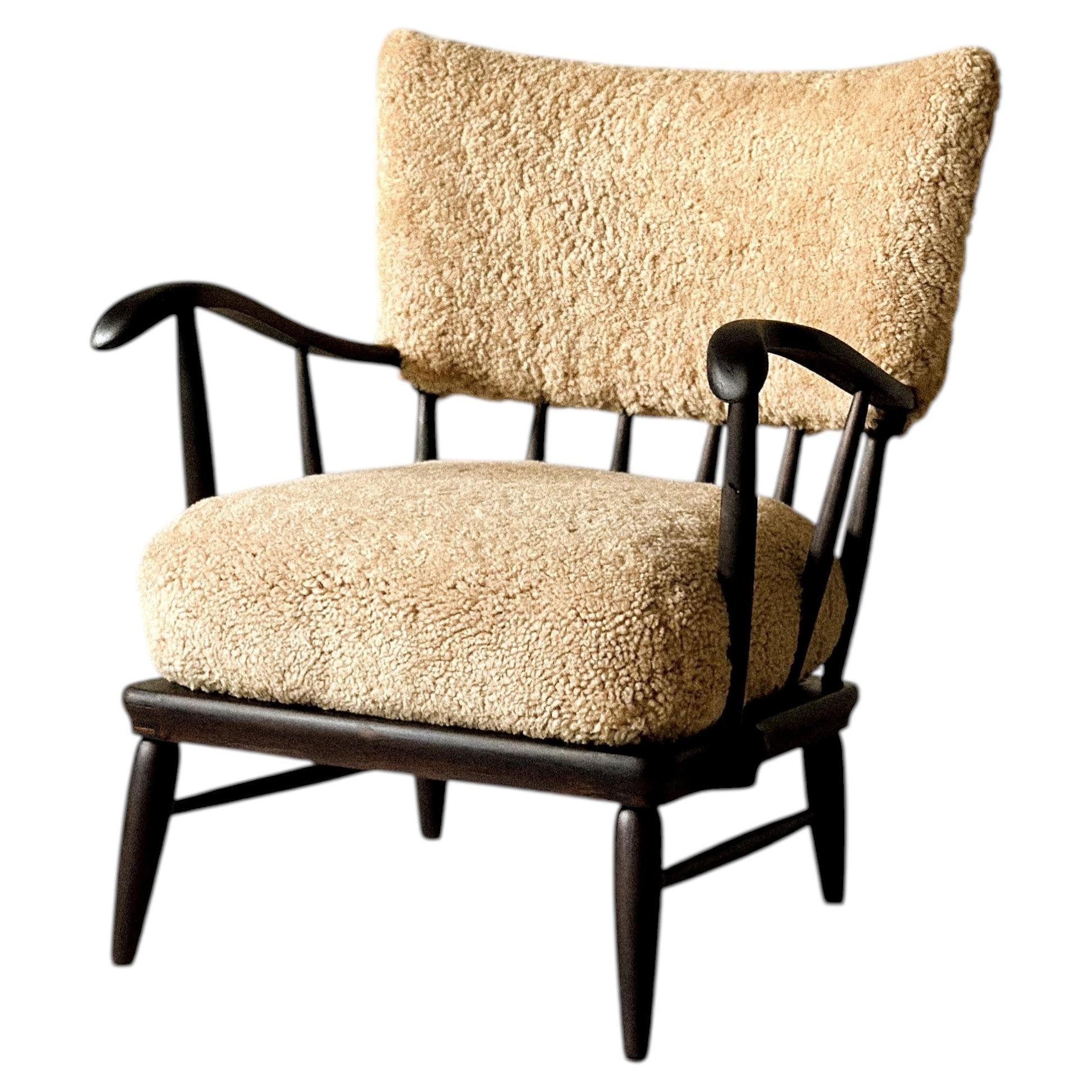 Arnt Lande (attr.) Armchair by Møller & Stokke, Beech and Sheepskin, c. 1940s | 1stDibs