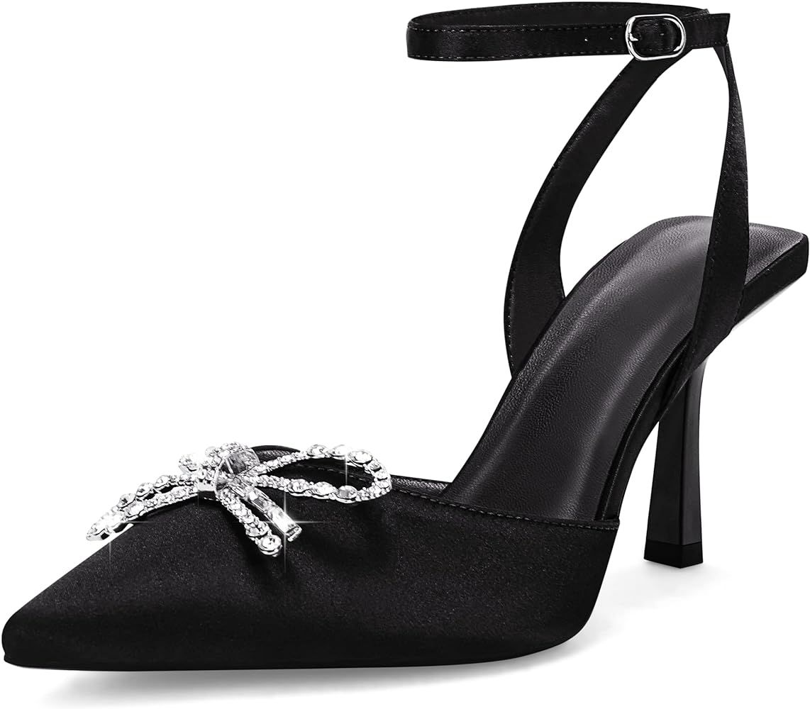 Coutgo Womens Rhinestone Bow Heels Pumps Kitten Heel Pointed Toe Slingback Wedding Dress Shoes | Amazon (US)