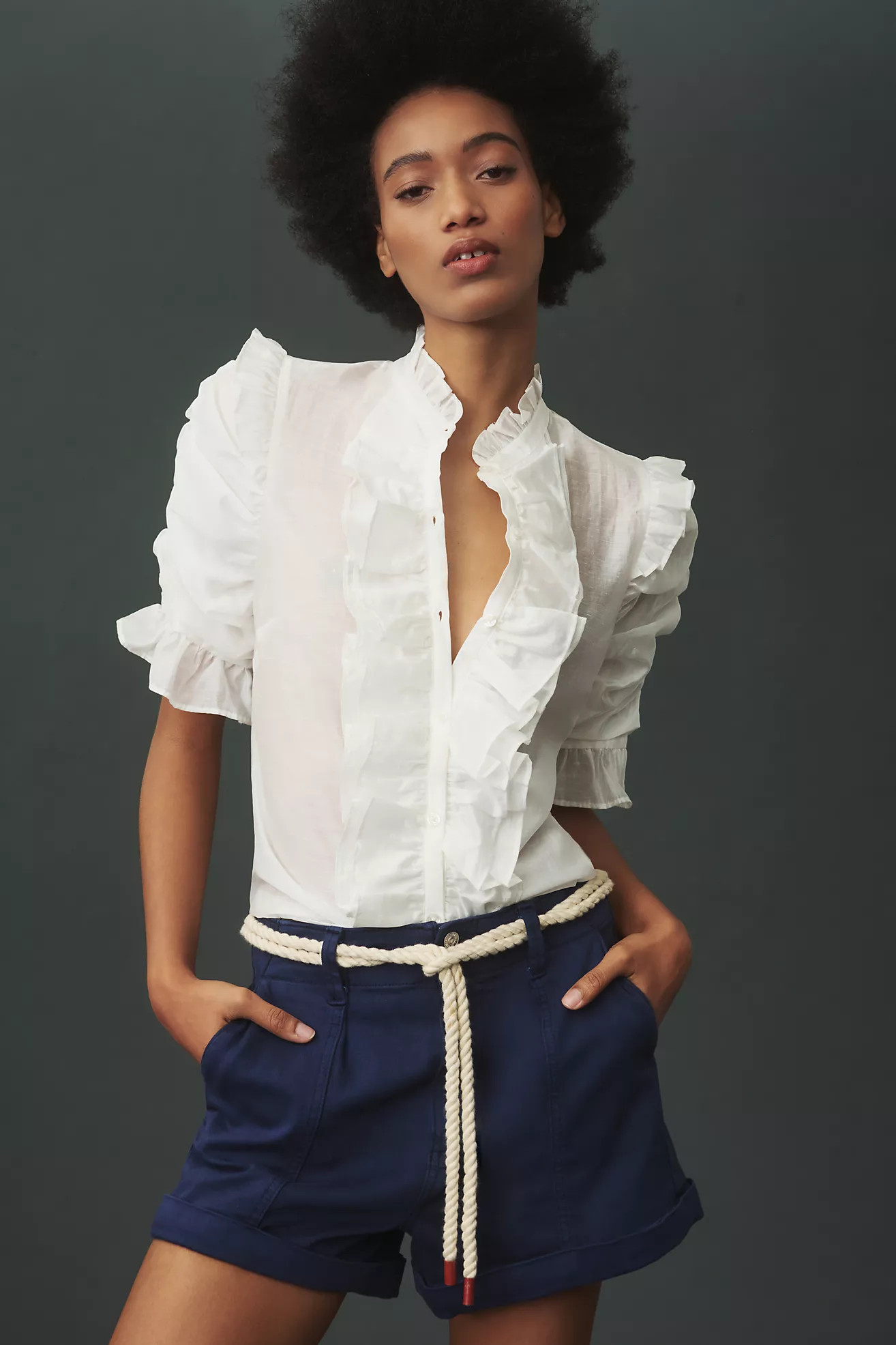 Sunday in Brooklyn Short-Sleeve Ruffle-Front Buttondown Shirt | Anthropologie (US)