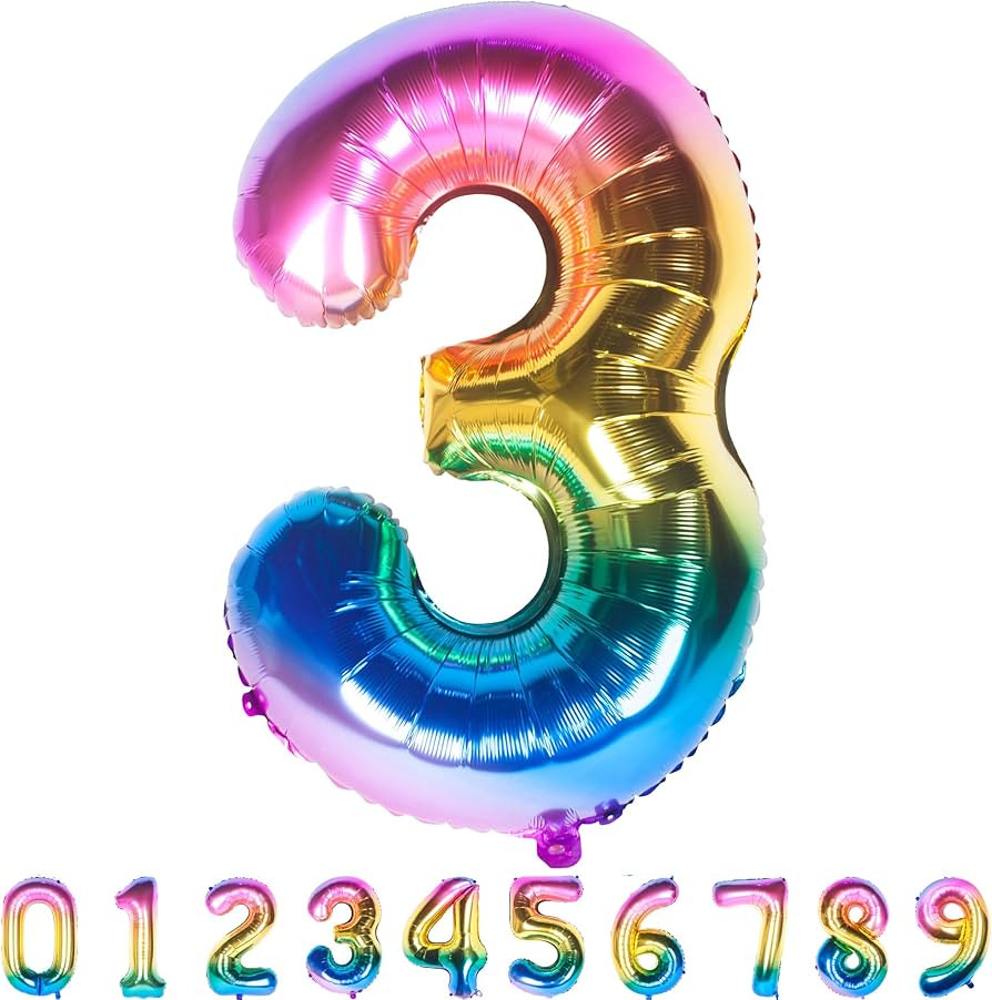 New 40 Inch Rainbow Number 3 Balloons Giant Helium Foil Digital Gradient Colorful Balloon 0 to 9 ... | Amazon (US)