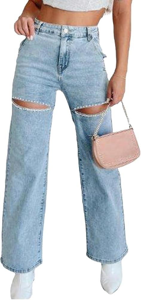 Unybwonn Women High Waist Baggy Ripped Jeans Rhinestone Trim Bling Denim Pants Y2k Straight Wide ... | Amazon (US)