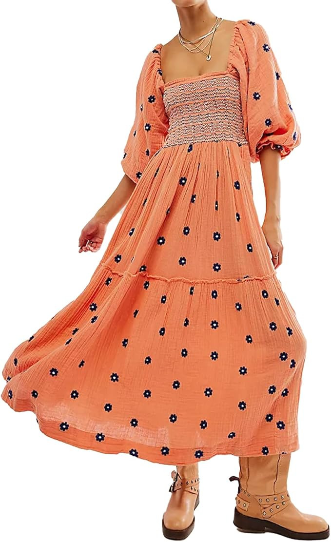 Women Floral Embroidered Maxi Dress Long Puff Sleeve Square Neck Bohemian Flowy Dress with Pocket... | Amazon (US)