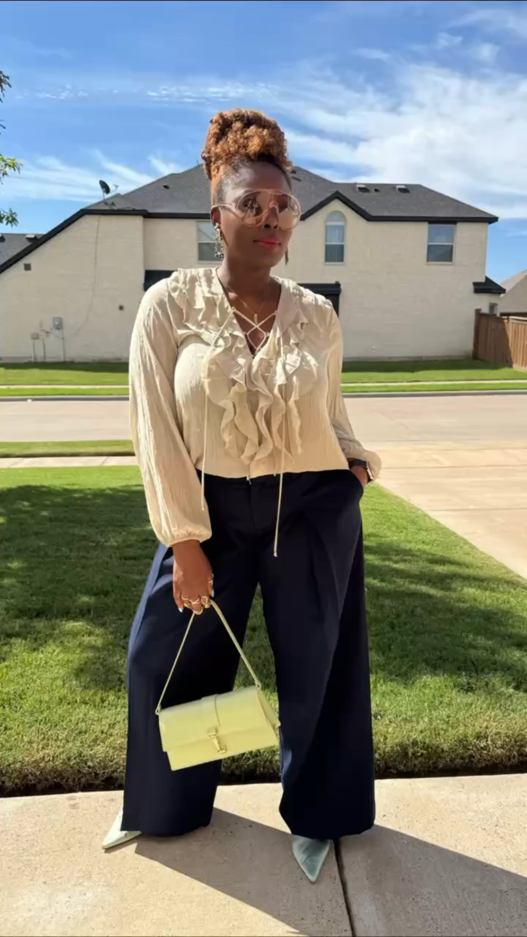 Keeping it minty fresh with this mint green ruffle shirt, purse, satin mules  and navy blue wide leg slacks. 🍵

Ready for pre-fall events, work, church, graduations and everything in between! 

#fashion #style#midsizefashion #styletips #falltransition #fall #outfitinspo

#LTKSeasonal #LTKMidsize #LTKWorkwear
