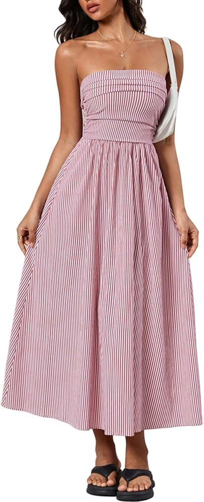 Milumia Women's Striped Strapless Maxi Dress Summer Casual Tube Top Long Dresses with Pocket | Amazon (US)