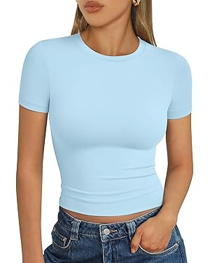 Trendy Queen Womens Basic T Shirts Summer Tops 2025 Short Sleeve Crop Tops Slim Fit Gym Workout Y... | Amazon (US)