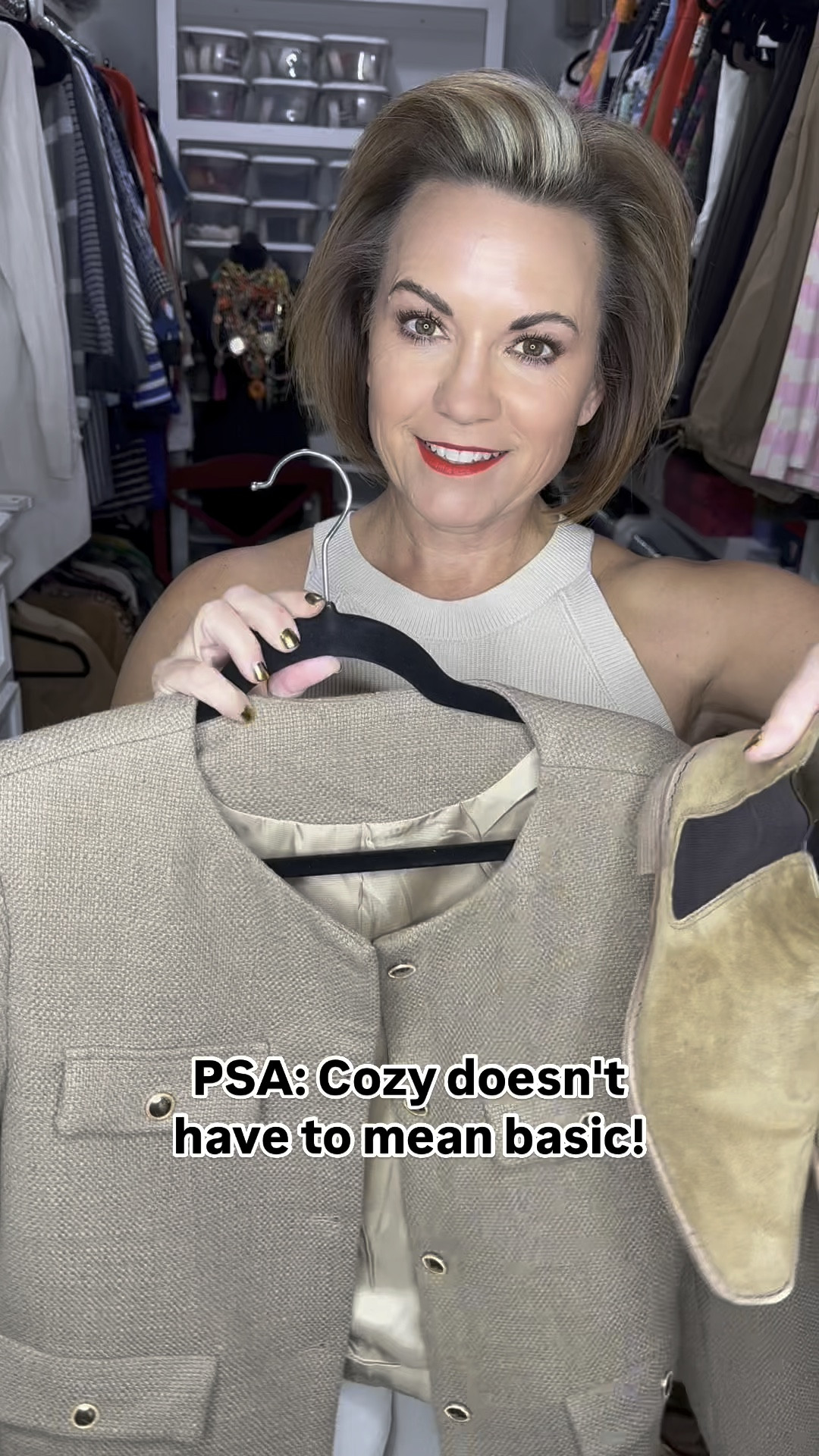 Happy #WearItWednesday, lovelies! Today, we're embracing cozy chic! I'm rocking a monochromatic neutral tone look that's perfect for fall.

Outfit Details:
·	Cream wide-leg cropped jeans
·	Cream high-neck tank
·	Brown cropped blazer
·	Brown suede ankle boots
·	Leopard print belt
·	Statement necklace
·	Neutral handbag

Why it works:
·	Monochromatic neutrals create a cohesive, effortless look.
·	Texture mixing: suede boots, creamy jeans, and crisp blazer.
·	Pop of pattern: leopard belt adds visual interest.
·	Statement necklace elevates the outfit.

👉 Save this post for your next outfit inspiration and let me know…What’s your go-to fall outfit? 

🌟 Want to shop this outfit? 🌟

Comment “SHOP” below to get a DM with the link to my LTK! ⬇ 

⭐️⭐️ Don’t forget to follow me for the link! ⭐️⭐️

Check out my gal pals' cozy looks: @jtouchofstyle @fashiontrendsandfriends @prestonlifestyle @abeautiful.second.act @malibumom @Theellediariesnyc @chezmireillefashiontravelmom @cathiescloset @fashionablyfifty @yet_another_mommy @september.in.nashville @classicstylebylisa_ @round2it @overfiftyandblessed 

#WearItWednesday #CozyChic #NeutralTones #FallFashion #MonochromaticStyle #TextureMixing #LeopardPrintLove #StatementNecklace #AutumnVibes #EverydayEssentials

#LTKFindsUnder50 #LTKSeasonal #LTKStyleTip