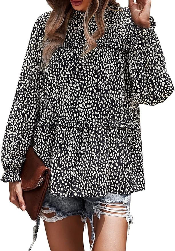 PRETTYGARDEN Women's Chiffon Leopard Print Lantern Long Sleeve Blouses Ruffle Neck Loose Pullover... | Amazon (US)