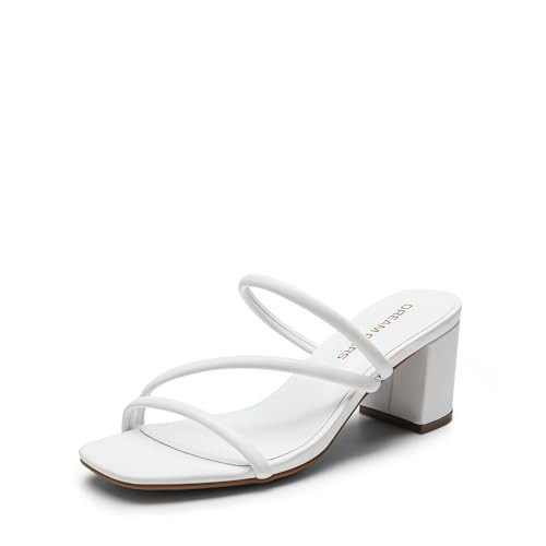 DREAM PAIRS Women's Strappy Heels Open Toe Low Chunky Heel Slip On Mules Square Block Sandals Dress Shoes,Size 9.5,White | Amazon (US)