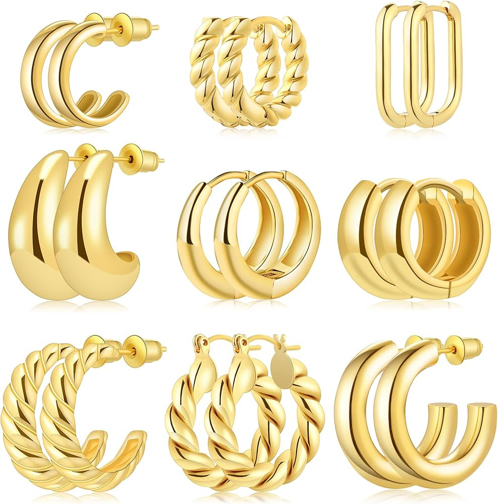 IDJEOABL 9 Pairs Gold/Sterling Silver Plated Hoop Earrings Set for Women Trendy Chunky Gold Hoops 14K Real Gold Plated Small Huggie Earrings for Sensitive Ears Hypoallergenic Jewelry for Gifts | Amazon (US)
