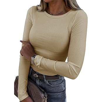 Roselux Womens Long Sleeve Stretch Crewneck Ribbed T-Shirt Fitted Casual Basic Tops | Amazon (US)
