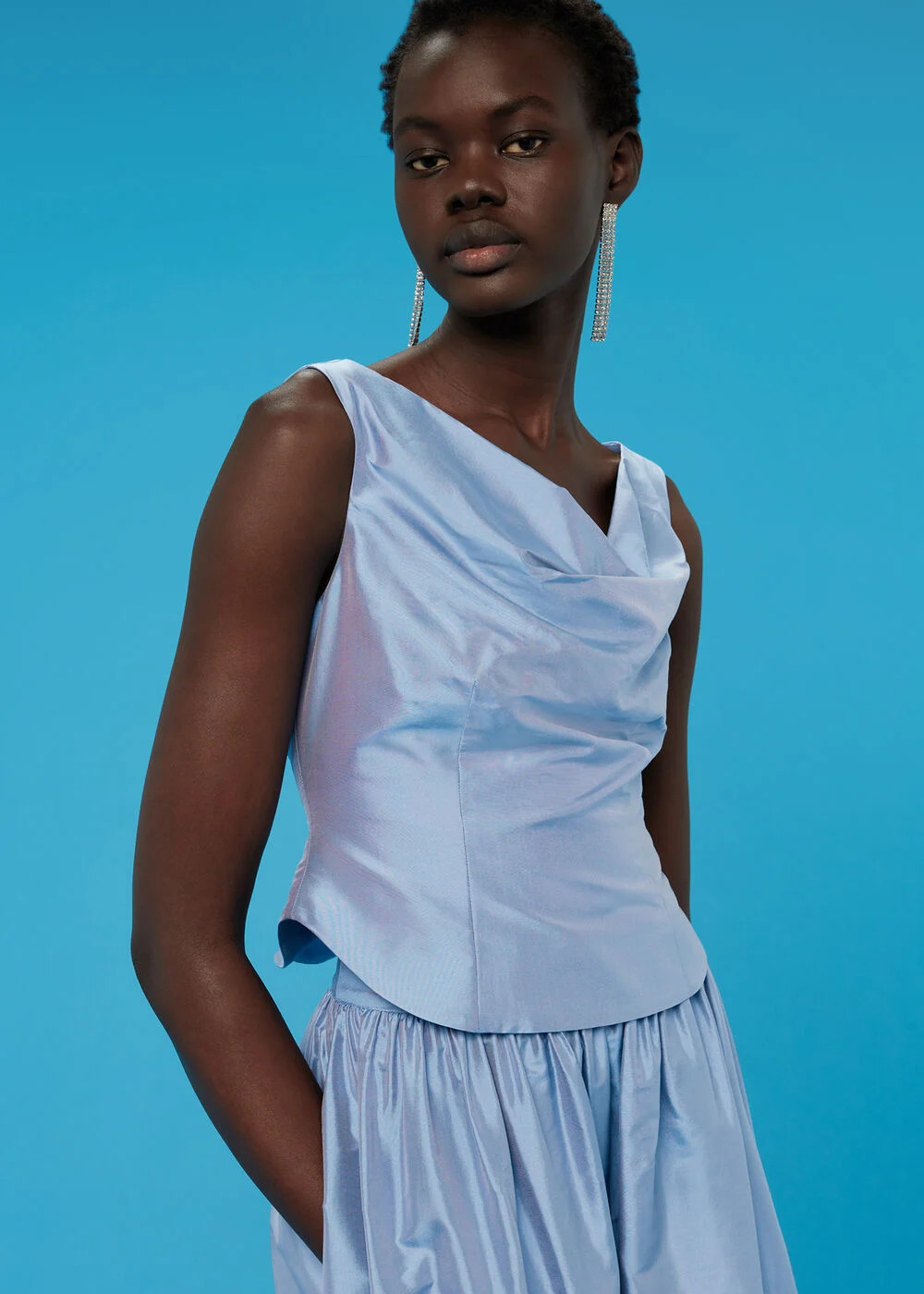 Blue Taffeta Silk Off Shoulder Top | WHISTLES | Whistles UK | | Whistles