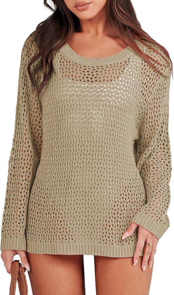 ANRABESS Women's Summer Sweater Crochet Beach Cover Up Hollow Out Long Sleeve Mesh Shirt Top 2024... | Amazon (US)