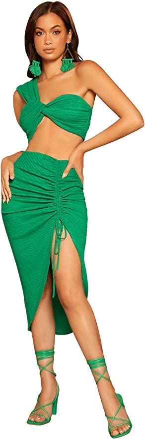 SOLY HUX Women's 2 Piece Outfits One Shoulder Crop Top and Drawstring Split Hem Skirt Set | Amazon (US)