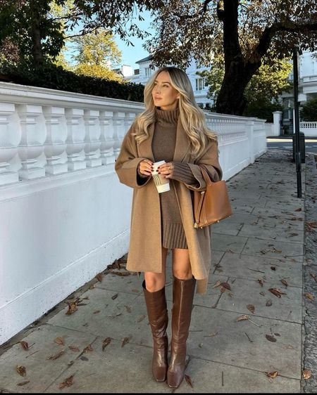 Brown autumnal outfit - chocolate brown knee high boots, Massimo dutti overcoat & chunky knit jumper worn as a dress  

#LTKeurope #LTKSeasonal #LTKstyletip