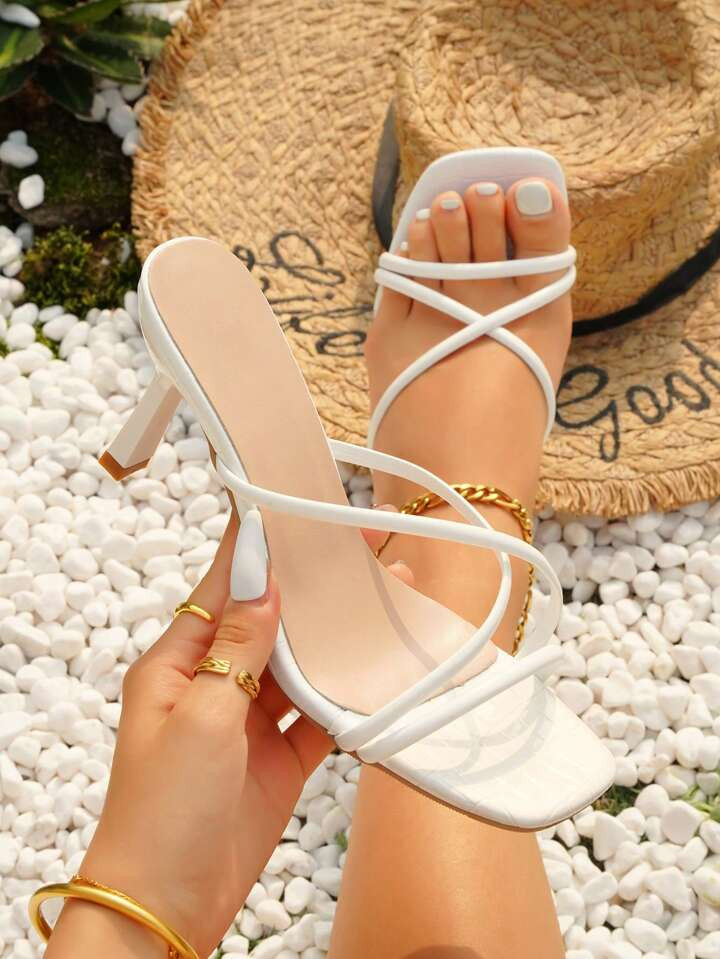 Women Criss Cross Strap Heeled Sandals, Elegant White Mule Sandals | SHEIN USA | SHEIN
