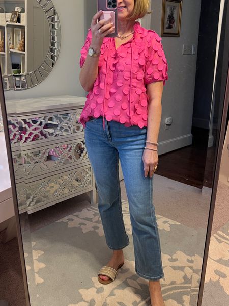 Pink dot top is $34.99! Jeans and rafia sandals on sale! Spring outfit, Summer outfit, Vacation outfitt

#LTKsalealert #LTKSeasonal #LTKover40