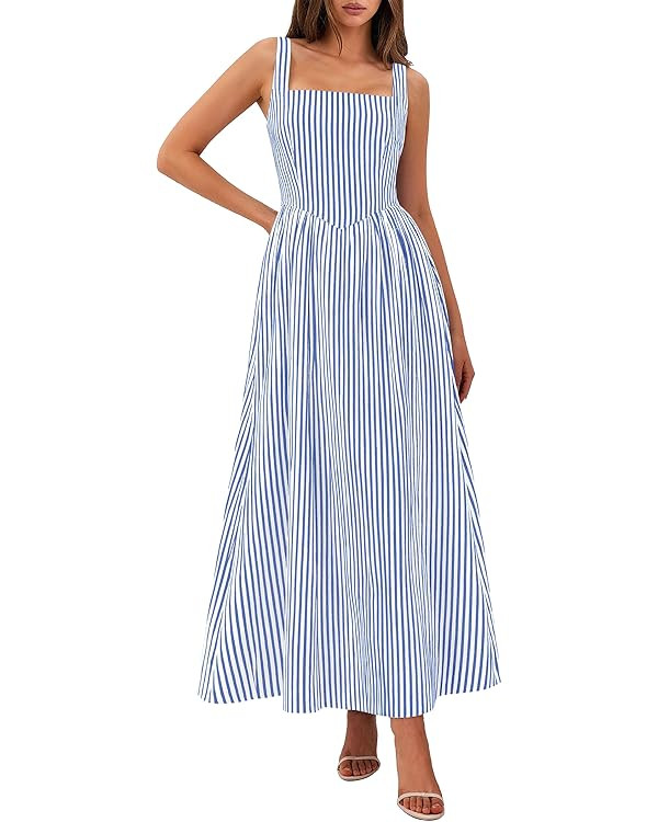 PRETTYGARDEN Women's Maxi Dress Summer Striped Sundress 2026 Spring Smocked A Line Long Flowy Bea... | Amazon (US)