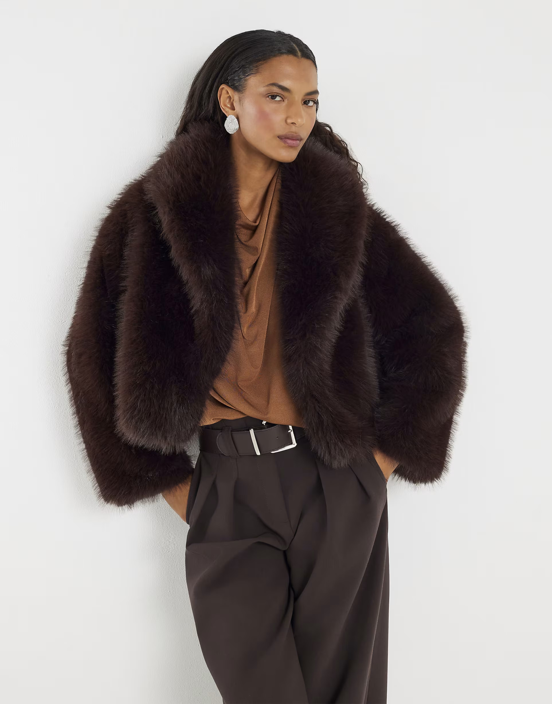 River Island Short faux fur jacket in brown - dark | ASOS | ASOS (Global)