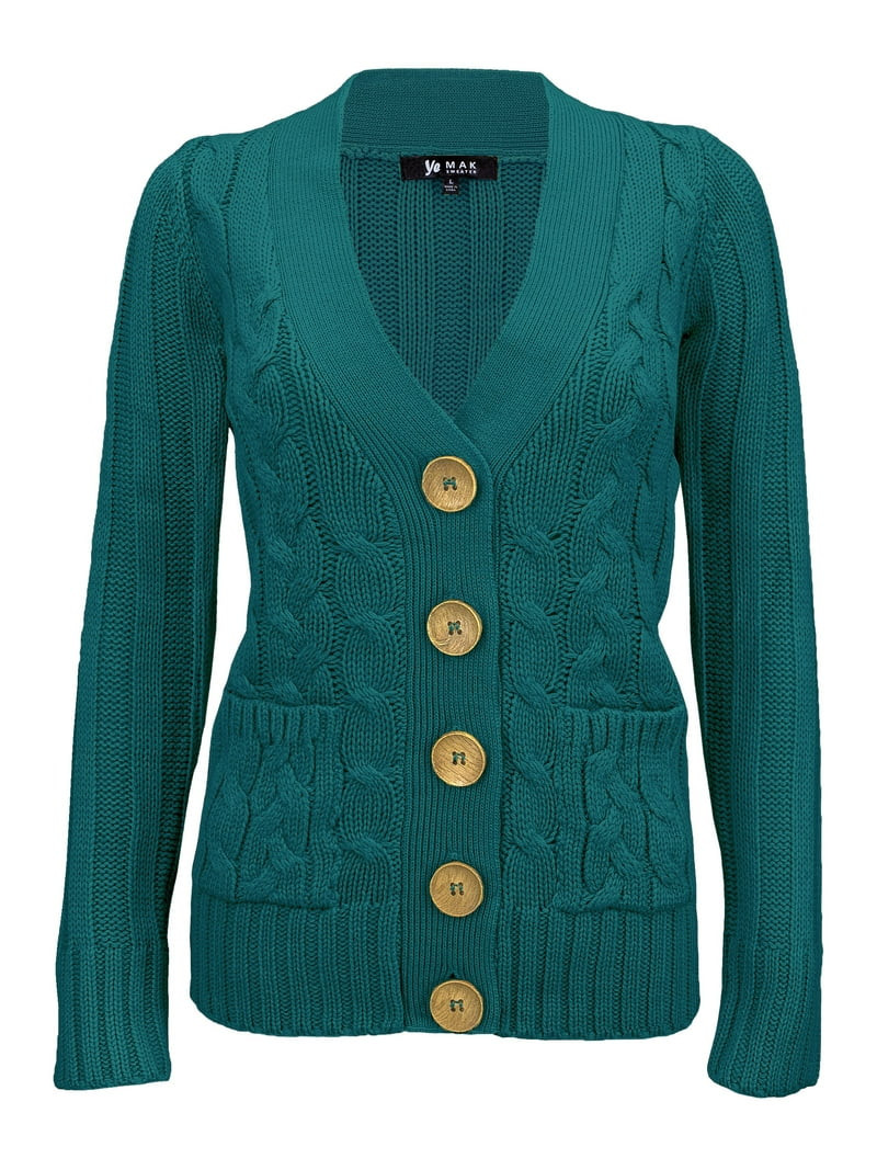 YEMAK Women's Long-Sleeve Button-Down Two Pocket Cable Knit Casual Cardigan Sweater HB3134-TEL-S | Walmart (US)